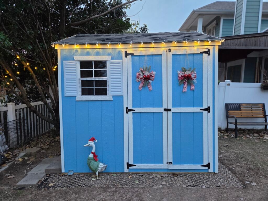 duck shed with Christmas decorations