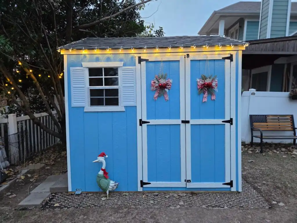 duck shed with Christmas decorations